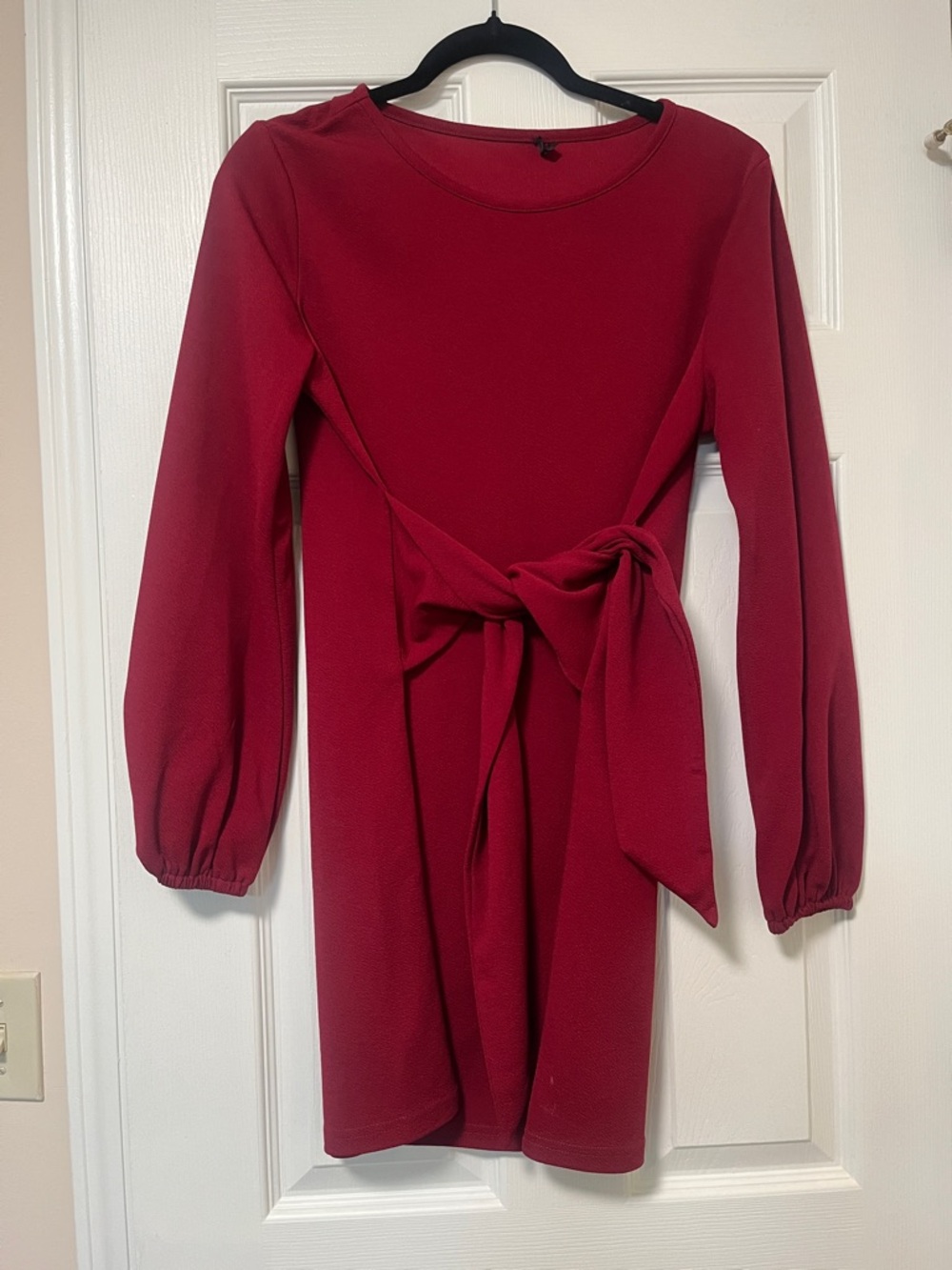 Red Tie-Waist Long Sleeve Dress